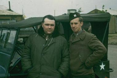 John Michael with a friend. John was stationed at Attlebridge with the 466th Bomb Group during the Second World War.